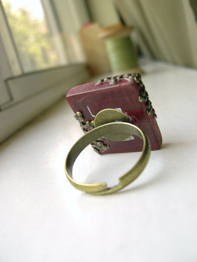 Natural Wood and Doily Filigree Adjustable Scrabble Tile Ring - Grandma's Lace