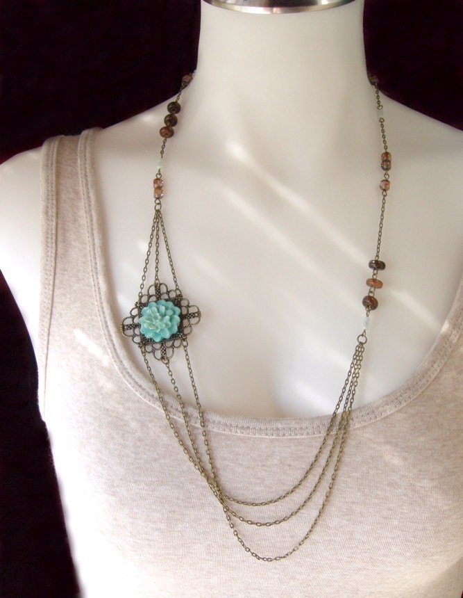 Layered Brass and Czech Glass Flower Necklace - Winter Garden.