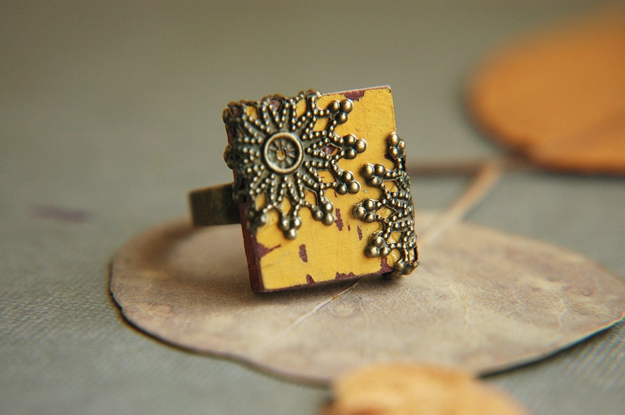 Mustard Yellow Adjustable Scrabble Tile Ring - The Grand Hall - Nickel Free