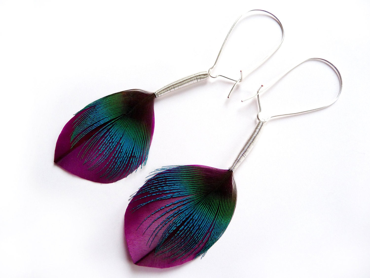Leaf Shaped Feather Earrings in Satin Purple and Electric Blue
