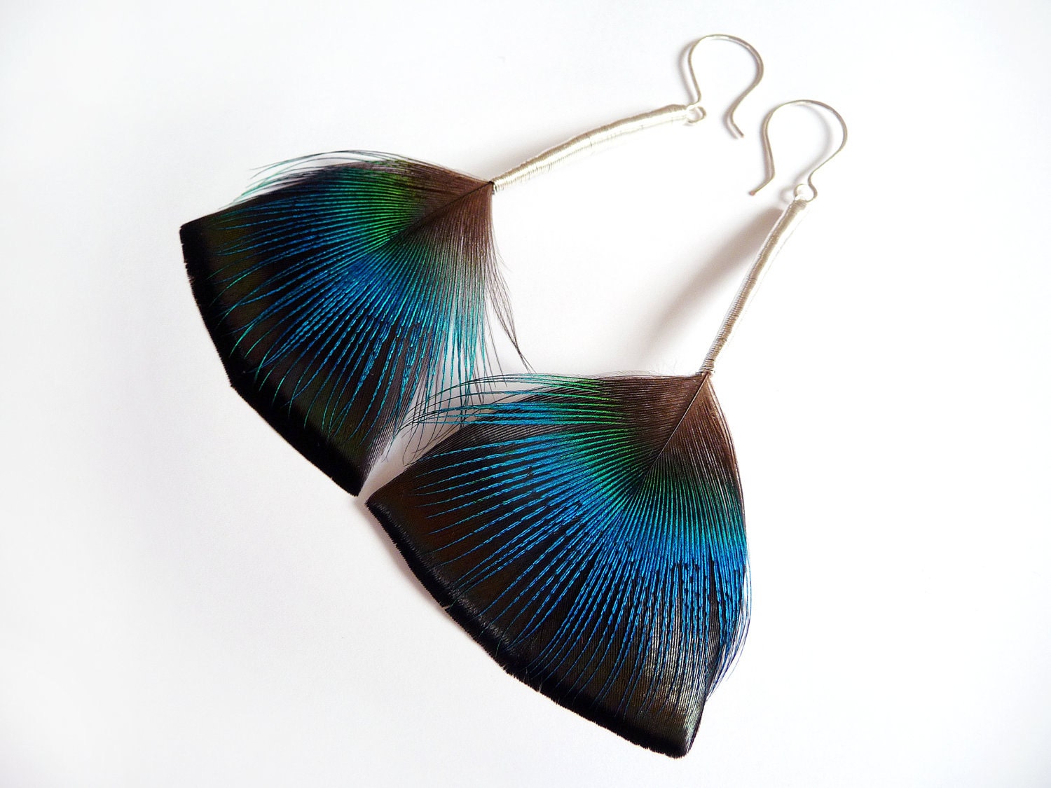Seriously Iridescent Feather Earrings in Electric Blue with Long Silver Stems