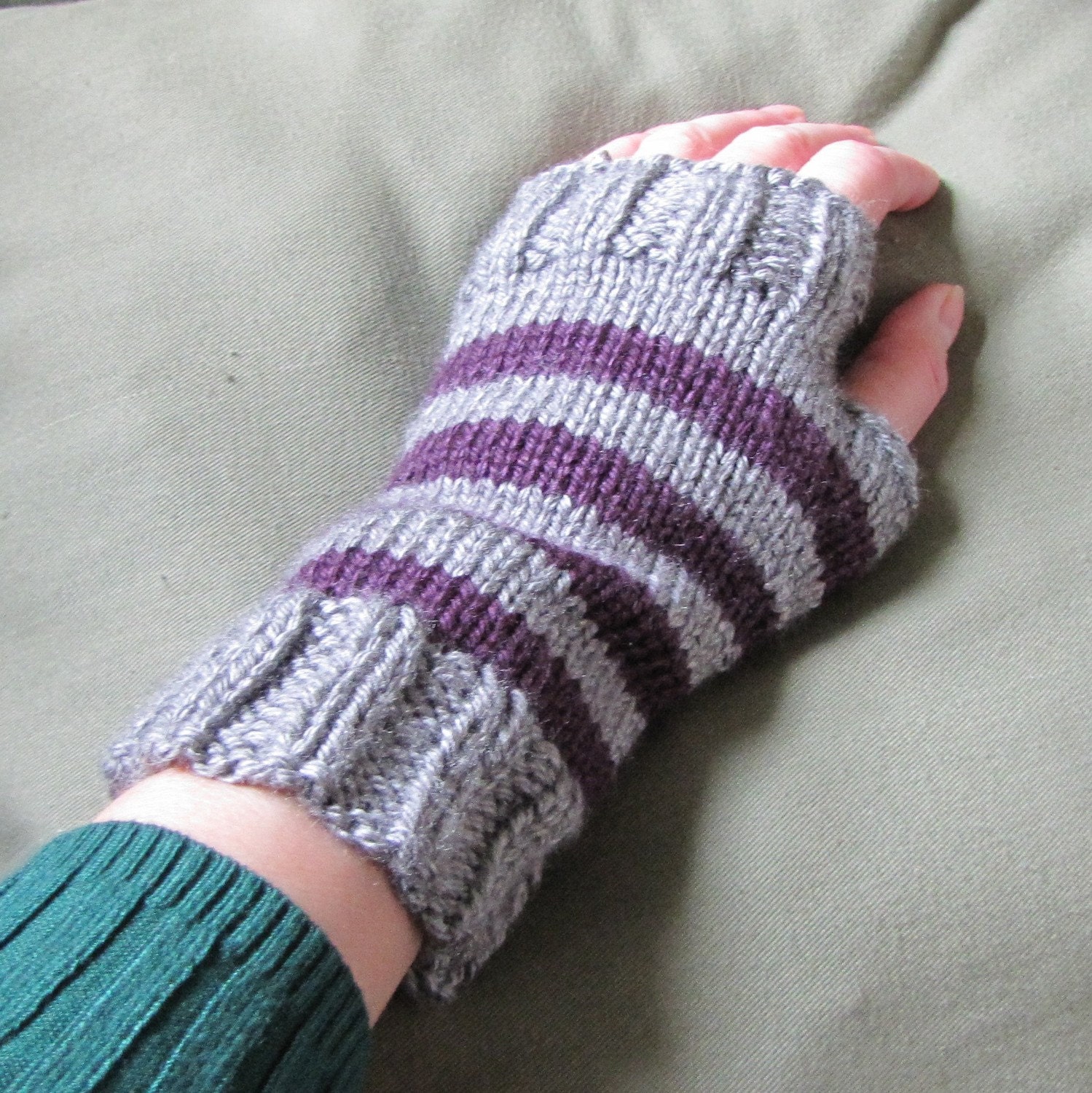 Whitaker Knits gray and plum wrist warmers