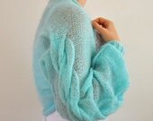 Shrug Bolero Bridal Shrug Hand Knit Aqua Cable Mohair MADE TO ORDER