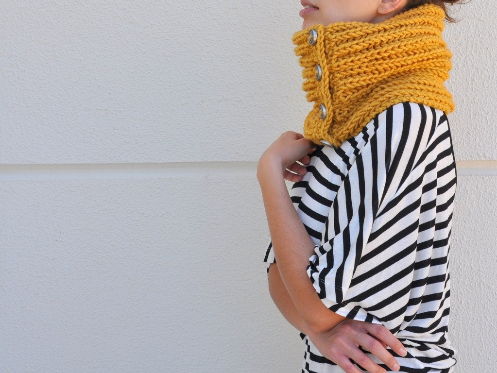 Chunky Cowl Scarf Neckwarmer with Buttons Mustard Big Warm Cozy Unisex Hand Knit Winter Accessories Winter Fashion