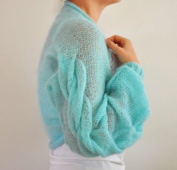 Shrug Bolero Bridal Shrug Hand Knit Aqua Cable Mohair MADE TO ORDER