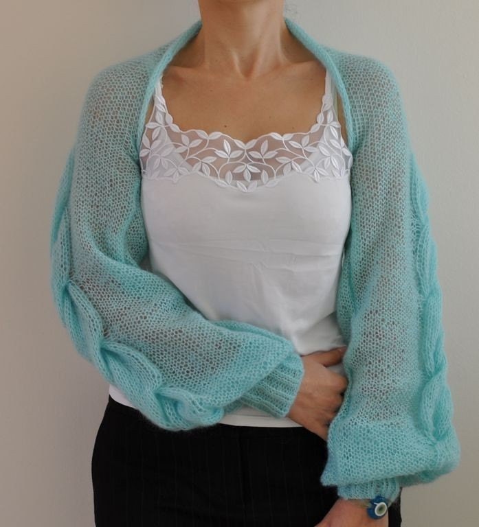Shrug Bolero Bridal Shrug Hand Knit Aqua Cable Mohair MADE TO ORDER