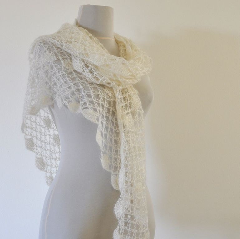 Crochet Scarf Shawl Wedding Shawl Mohair Wrap Shawl Bridal Shawl Ivory Delicate Romantic Chic Elegant