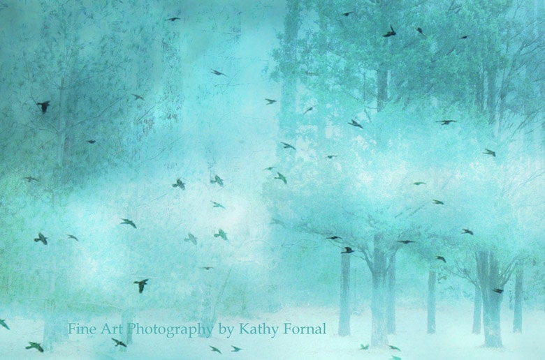Nature Photos - Dreamy Surreal Art Birds, Teal Aqua Turquoise Trees, Fantasy Ethereal Nature Fine Art Photograph 8" x 12"
