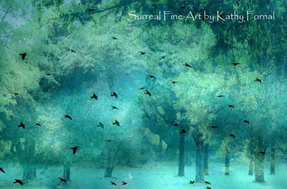 Nature Photography - Surreal Dreamy Fantasy Trees, Aqua, Teal, Nature, Ravens, Birds, Ethereal  Fine Art Photograph 8" x 12"