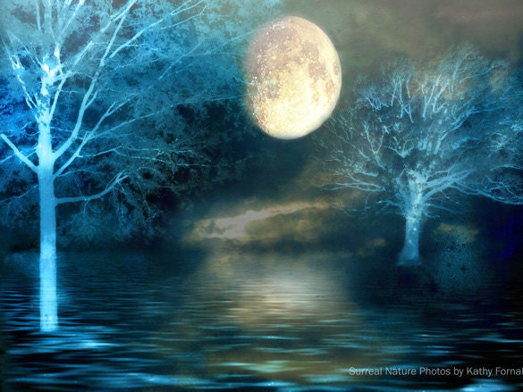 Surreal Photography, Dreamy Blue Moon Fantasy Nature, Full Moon Over Lake, Beautiful Fine Art Nature Photography 9" x 12" - KathyFornal