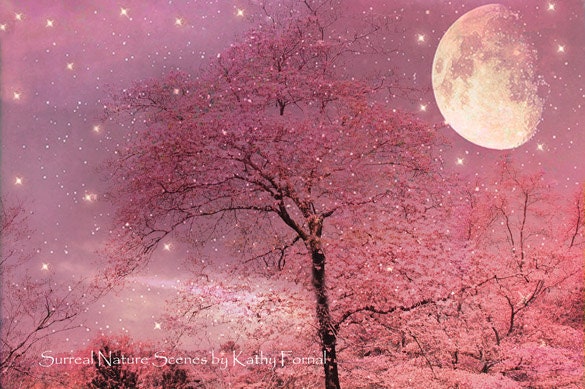 Nature Photography - Dreamy Pink Trees Stars, Moon Stars Night, Fantasy Pink Spring Nature, Fine Art Photo 8" x 12"