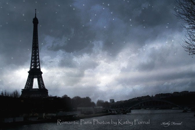 Paris Photography - Eiffel Tower - Paris Dreamy Blue Wall Art - Moonlit Starry Paris Night - Ethereal Fine Art Paris Photo 8" x 12"
