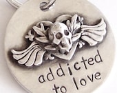 Sterling Silver Dog Tag - Addicted to Love - Winged Heart & Skull
