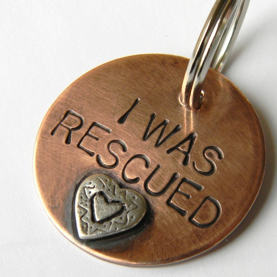 I WAS RESCUED Pet Tag, Copper and Sterling Silver Dog Tag In Three Sizes