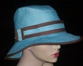 Wonderful Straw Fedora  In Turquoise with brown trim