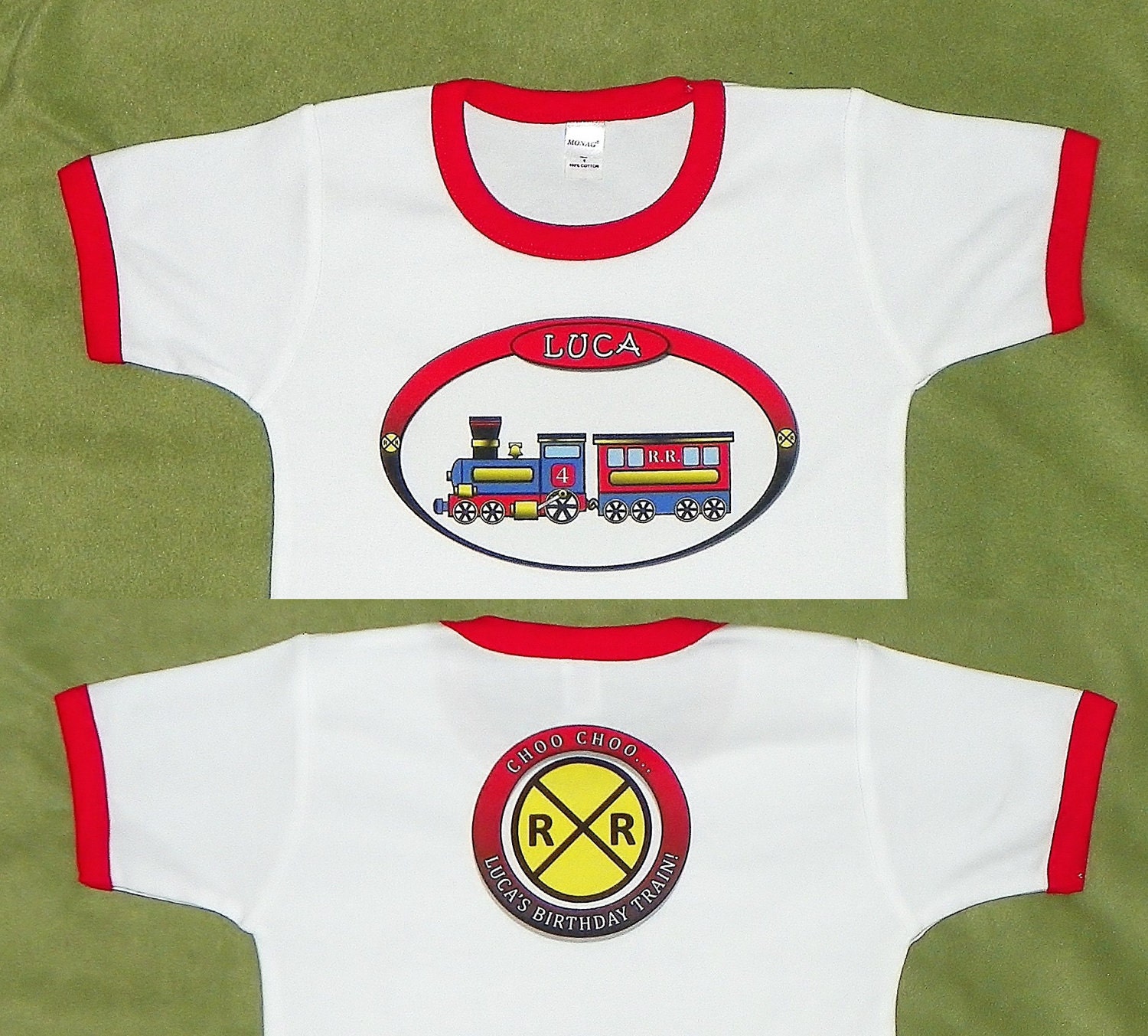 Personalized Train Birthday Shirt With Child's Age on Side of Train. Boys Train Birthday. Railroad Crossing Sign on Back.  Can Customize.