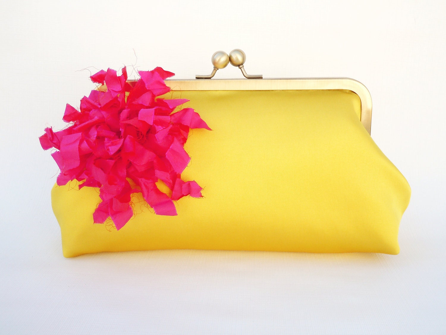 Lemon Yellow with Flower Hot Pink Fuschia Clutch Purse Bag for Bridesmaids Wedding
