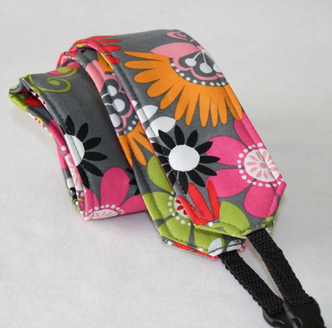 Monogramming  Included Camera Strap for DSL Camera Grey, Hot Pink, Orange and Lime Funky Floral Print