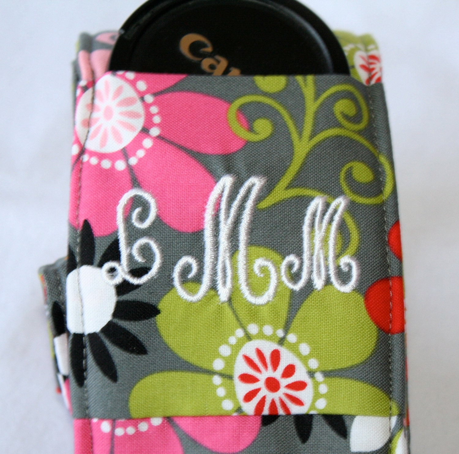 Wide Camera Strap for DSL camera Grey, Hot Pink, Orange and Lime Funky Floral print with lens cap pocket Monogramming Included