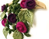 Crochet knit felt scarf lariat freeform knit felt roses raspberry red purple green "Passion Fruit" MADE to ORDER