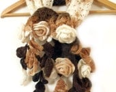 Crochet scarf with 3D freeform flowers leaves prayer shawl brown white