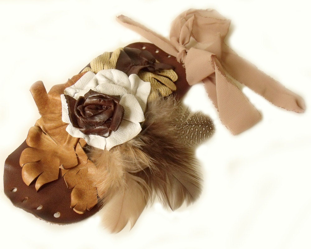 Leather bracelet with 3D leather flowers and feather wrist corsage boho chic steampunk goth wedding cuff