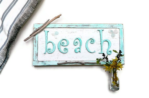 Sea Breeze vintage Beach Sign Handmade Coastal Chic Wall Hanging With Hooks and Vase Summer SALE