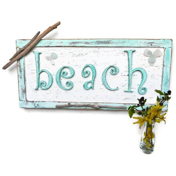 Sea Breeze vintage Beach Sign Handmade Coastal Chic Wall Hanging With Hooks and Vase Summer SALE