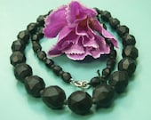 Lovely vintage 1940s handworked unused graduated grinded jet black natural organic charcoal bead mourning necklace