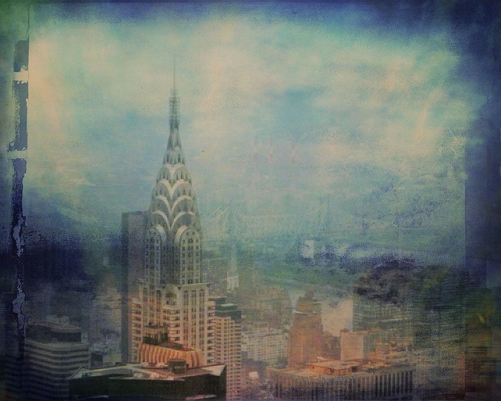 Surreal city New York city blue turquoise vintage skyscraper building urban street view retro - Chrysler Building 8 x 10