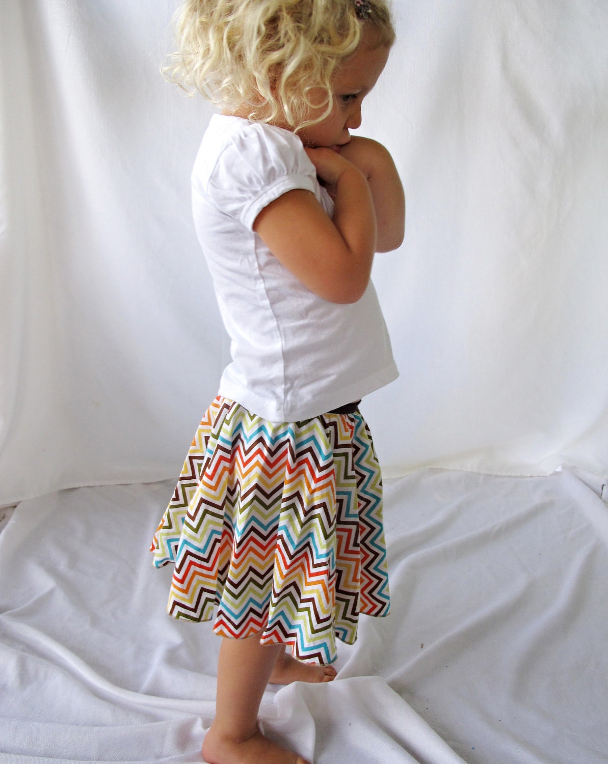 SALE - Chevron Love  - Twirly Circle Skirt   - Chevron, Zig Zag Stripes in Blue, Brown, Green, Orange and Yellow  - by bitty bambu