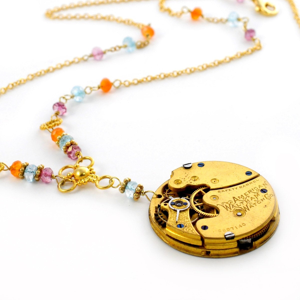 1893 Waltham Pocket Watch, Multi Gemstones, and  Vermeil Steampunk Necklace