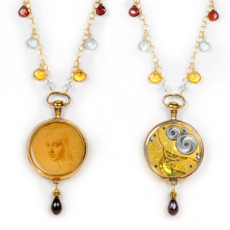 Multi Gemstones Gold Filled Antique 1915 Elgin Pocket Watch with Da Vinci's Drawing Steampunk Necklace