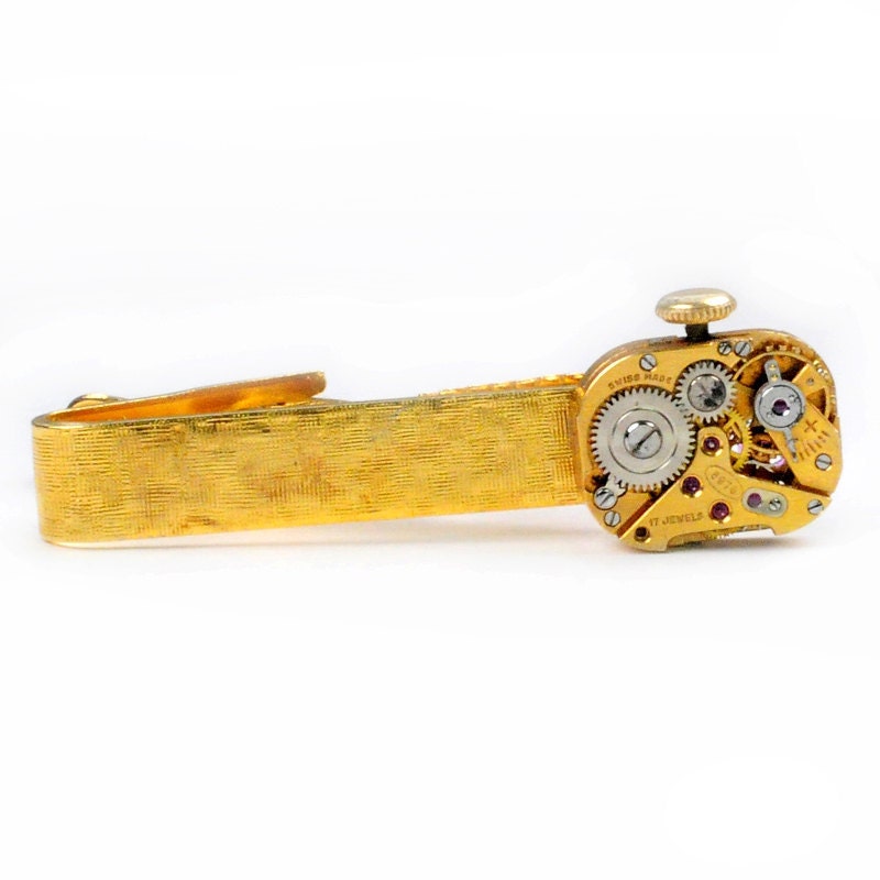Steampunk  Vintage Gold Watch Movement Tie Bar Alligator Clip