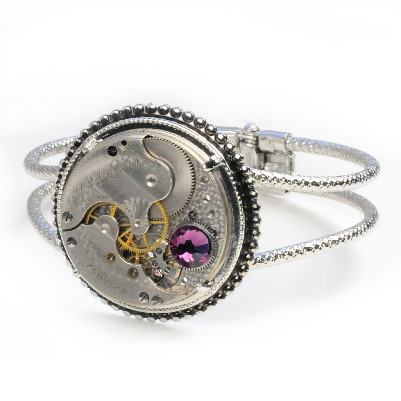 Steampunk Antique 1887 ElginPocket Watch Hinged Silver Cuff Bracelet