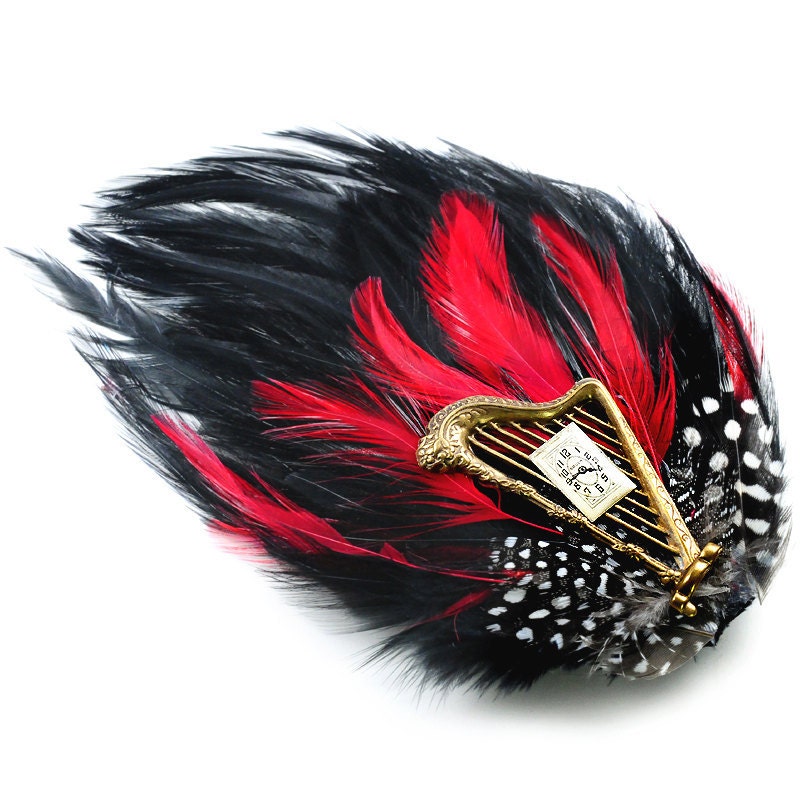 Steampunk Feather, Harp, and Antique Gruen Watch Dial Hair Clip