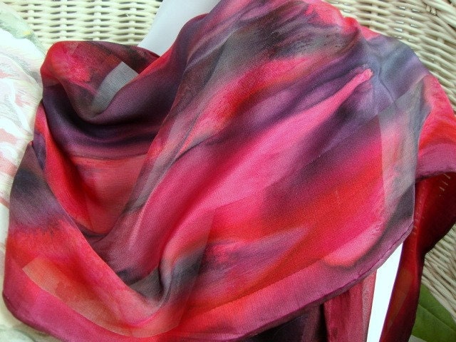 Scarf, Silk, Women, Hand Painted in Red and Black Silk Scarf