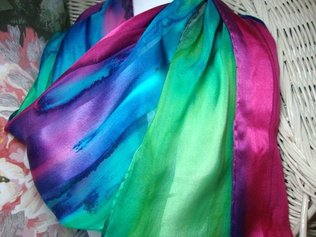 Scarf, Silk, Women, Fuschia Blue Purple Green Hand Dyed Silk Scarf Hawaii