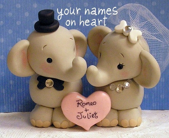 Non Traditional Wedding Cake Topper  Hand Sculpted Cute Elephants with Personalized Heart