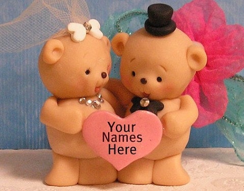 Teddy Bear Wedding Cake Topper with Personalized Heart