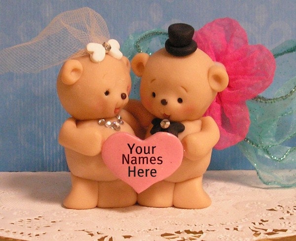 Teddy Bear Wedding Cake Topper with Personalized Heart