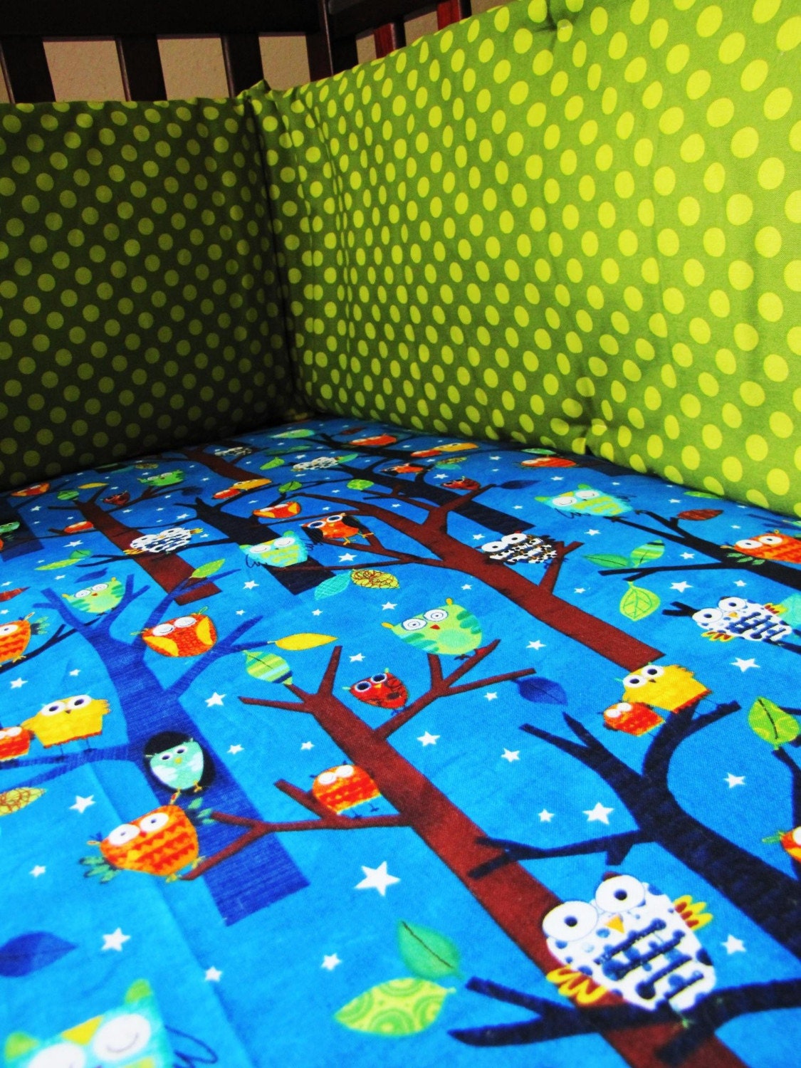 OWL custom baby bedding skirt bumper and matching crib sheet