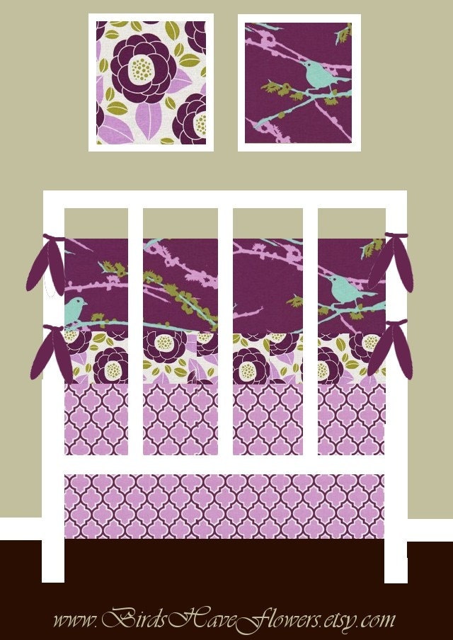 Aviary birds and blooms in lilac - baby bedding includes fitted sheet, bumper set, and crib skirt
