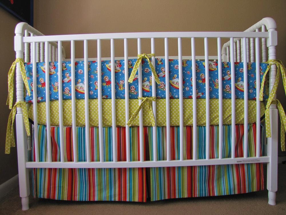 Baby BOY bedding in RETRO ROCKETS bumper set fitted crib sheet and crib skirt and extras