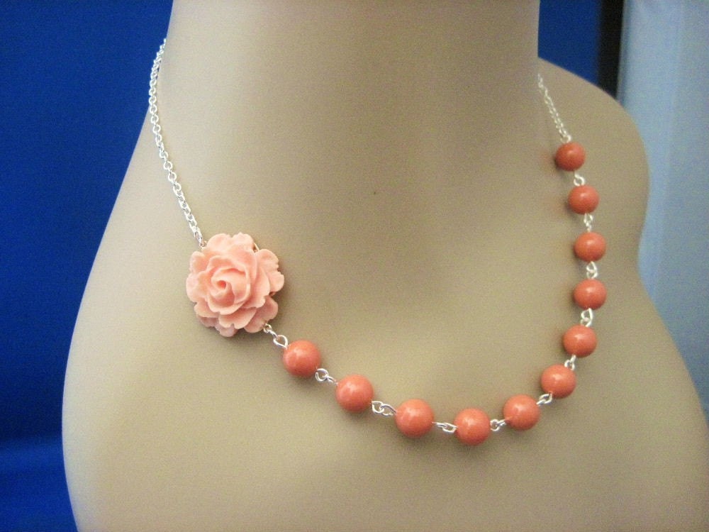 Bridesmaid Jewelry Coral Rose and Choice of Pearl Color Wedding Necklace