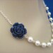 Bridesmaid Necklace Navy Blue Rose and Pearl Wedding Jewelry