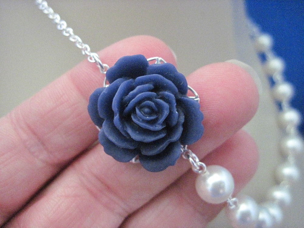 Bridesmaid Necklace Navy Blue Rose and Pearl Wedding Jewelry