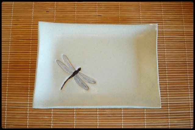 Lovely Handmade Pale Blue Stoneware DRAGONFLY Soap Dish