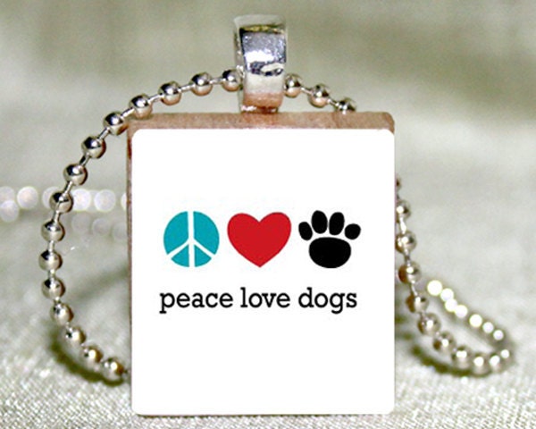 Scrabble Pendant - Peace Love Dogs Scrabble Tile Pendant with Necklace and Matching Gift Tin