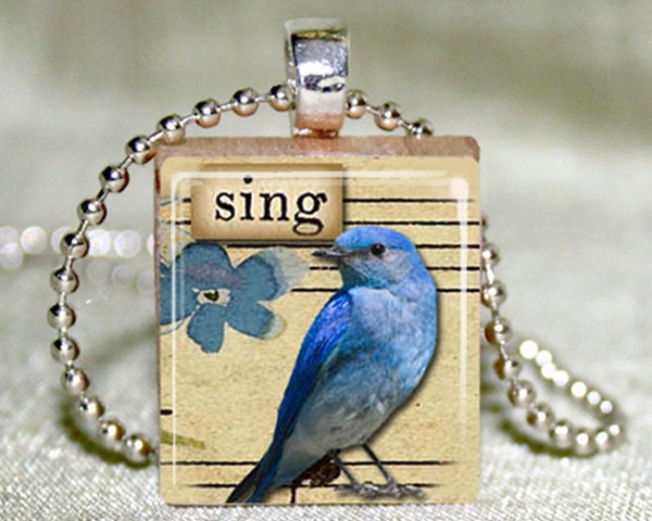 Scrabble Tile Jewelry - Scrabble Tile Pendant - Sing Bluebird Scrabble Pendant with Necklace and Matching Gift Tin